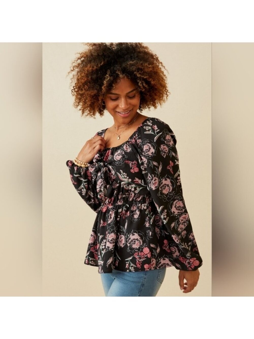 Hayden Los Angeles Floral Foliage Print Twist Front Peplum Top Long Sleeve Small